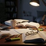 A cluttered study desk filled with textbooks, notes, and a clock, representing dedicated study time for standardized tests.