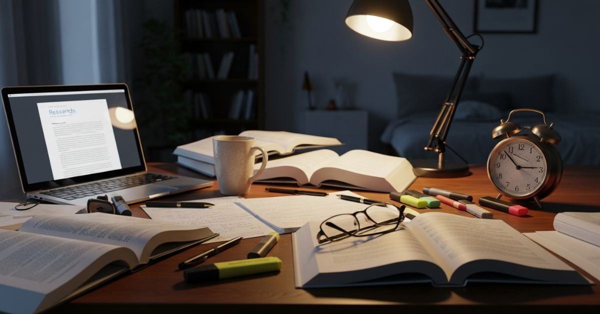 A cluttered study desk filled with textbooks, notes, and a clock, representing dedicated study time for standardized tests.